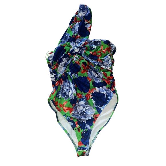 Zara Bodysuit Floral Multicolor One Shoulder Ruched Blue Green Floral M - Picture 2 of 5